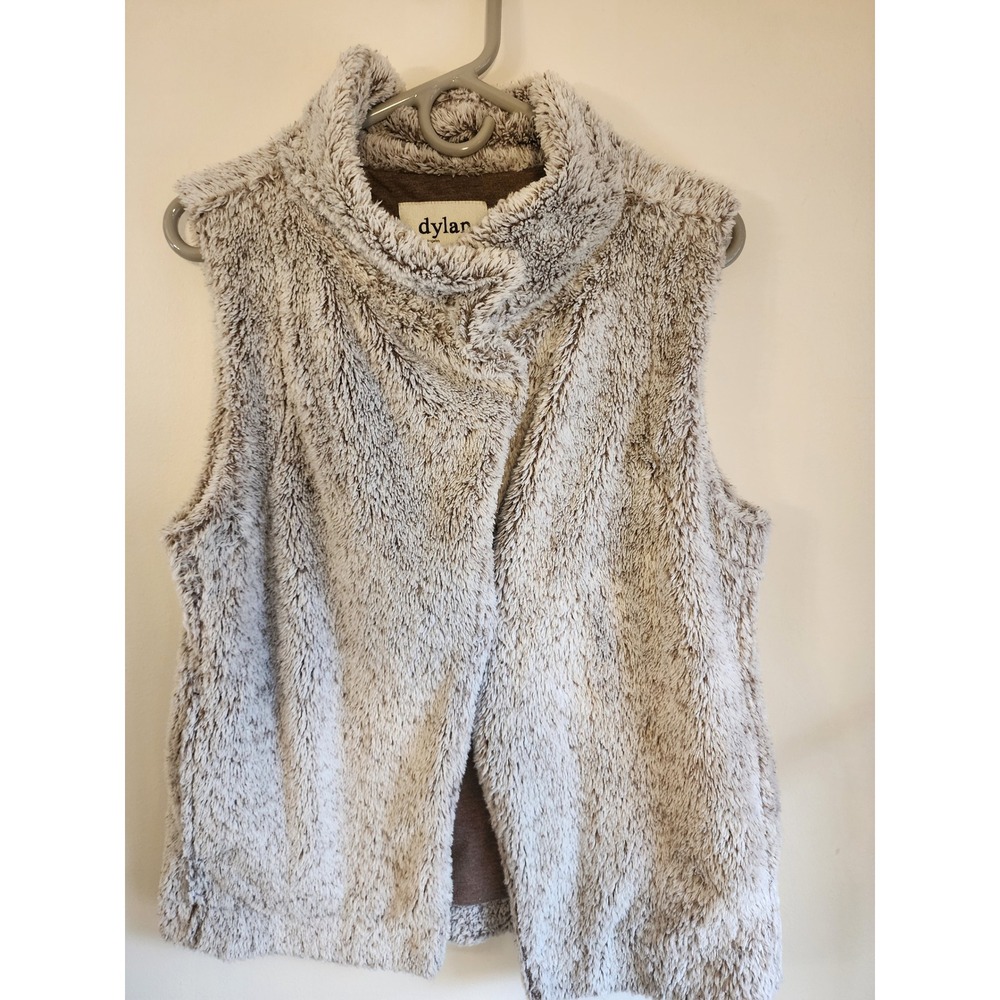Dylan LA Fuzzy Fleece Sherpa Vest Medium Oatmeal Brown Trim Gorpcore Winter Warm